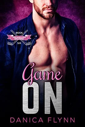 Sports romance book cover for “Game On” by Danica Flynn, featuring a shirtless male hockey player in an open shirt against a textured purple background.