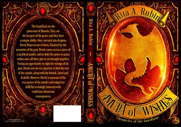 Full paperback wrap for Amulet of Wishes by Rita A. Rubin, designed in rich amber and gold tones with an ornate decorative frame, a glowing central emblem, and a back cover with synopsis text set inside a matching embellished border.