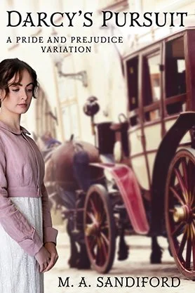 Historical romance book cover for “Darcy’s Pursuit” by M. A. Sandiford, featuring a Regency-era woman beside a vintage carriage.