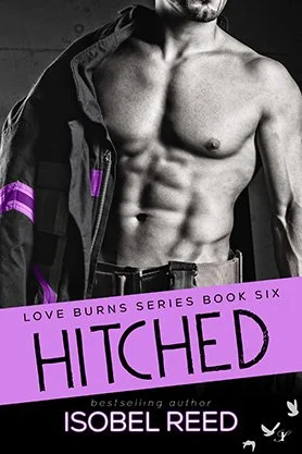 Contemporary romance book cover for “Hitched” by Isobel Reed, featuring the torso of a muscular man in an open dark uniform jacket with purple accents in a black-and-white design.