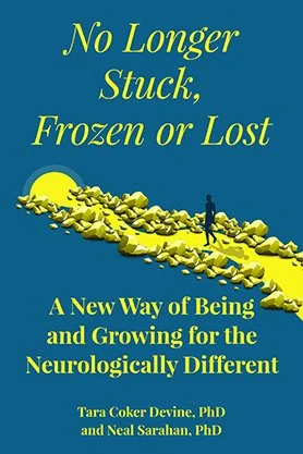 Personal growth book cover for “No Longer Stuck, Frozen or Lost,” featuring a blue background with a human figure standing beside a cracked yellow path.