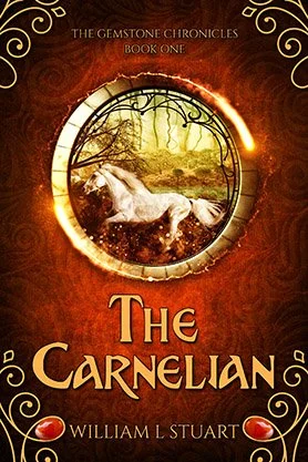 Fantasy book cover for “The Carnelian” by William L. Stuart, featuring a white horse framed inside a glowing circular portal on an ornate orange background.