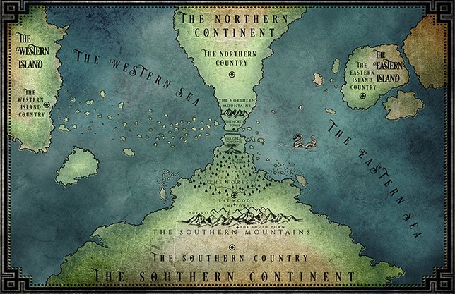 Custom fantasy map showing the Northern Continent, Southern Continent, Western Island, Eastern Island, and surrounding seas, with kingdoms, forests, mountains, islands, and maritime routes.