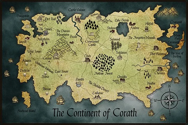 Custom fantasy map of The Continent of Corath, featuring cities, castles, mountains, forests, lakes, roads, islands, ports, and sailing ships around the coastline.