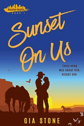 Contemporary romance book cover for “Sunset On Us” by Gia Stone, featuring silhouetted figures embracing at sunset with horses in a western landscape.