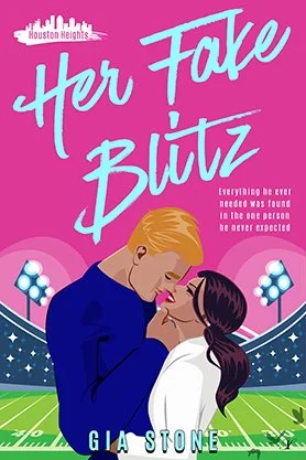 Contemporary romance book cover for “Her Fate Blitz” by Gia Stone, featuring an illustrated couple kissing on a football field beneath stadium lights.