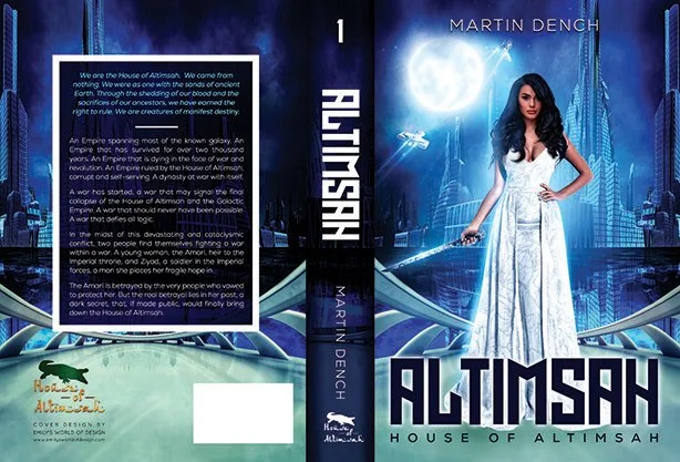 Full paperback wrap for Altimsah by Martin Dench, featuring a futuristic blue sci-fi cityscape, a woman in white standing at the center, sleek vertical architecture, and a back cover with synopsis text inside a luminous frame.