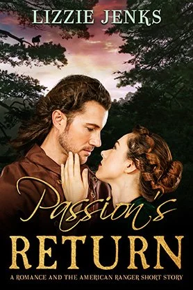 Historical romance book cover for “Passion’s Return” by Lizzie Jenks, featuring a couple gazing at each other in a woodland setting at sunset.
