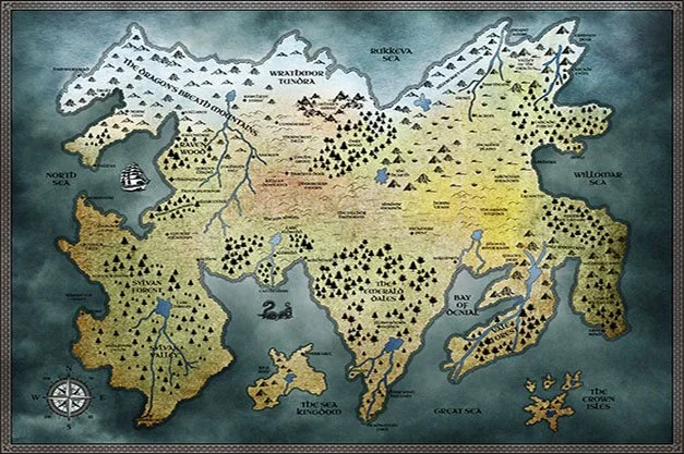 Detailed custom fantasy world map featuring multiple kingdoms, mountain ranges, forests, rivers, lakes, islands, seas, and settlements across a large illustrated continent.