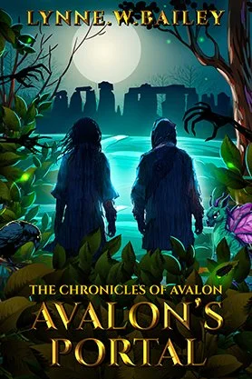 Fantasy book cover for “Avalon’s Portal” by Lynne W. Bailey, featuring two cloaked figures facing a moonlit stone circle across a mystical blue landscape.
