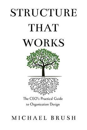 Business leadership book cover for “Structure That Works” by Michael Brush, featuring a minimalist tree-and-roots illustration on a clean white background.