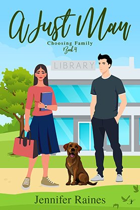Contemporary romance book cover for “August Moon” by Jennifer Raines, featuring illustrated characters standing with a dog outside a library.