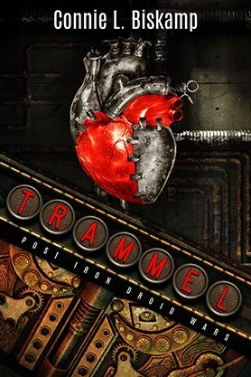 Science fiction book cover for “Trammel” by Connie L. Biskamp, featuring a mechanical heart surrounded by industrial machinery and steampunk-style gears.