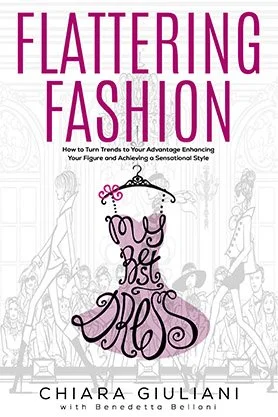Fashion advice book cover for “101 More Ways to Look Slimmer and Taller” by Chiara Giuliani with Benedetto Belloni, featuring a stylish illustrated woman in pink and black on a white background.