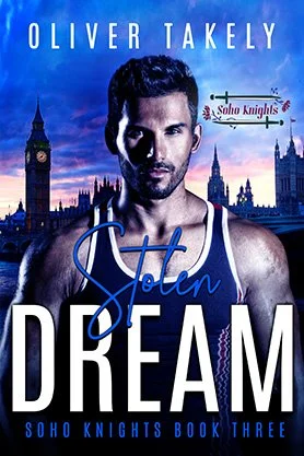 MM romance book cover for “Stolen Dream” by Oliver Takely, featuring a muscular man against a blue London skyline at dusk with Big Ben.