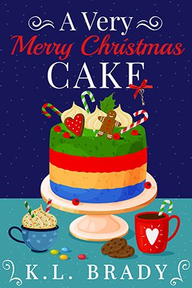 Holiday romance book cover for “A Very Merry Christmas Cake” by K. L. Brady, featuring a colorful layered Christmas cake surrounded by festive sweets and decorations.