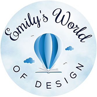 Logo for Emily’s World of Design featuring a blue hot air balloon above an open book, representing creative book cover design, publishing, and visual storytelling services.
