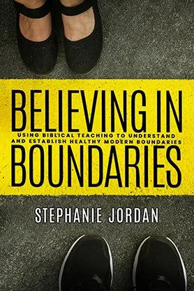 Christian self-help book cover for “Believing in Boundaries” by Stephanie Jordan, featuring two pairs of shoes separated by a bold yellow boundary line.