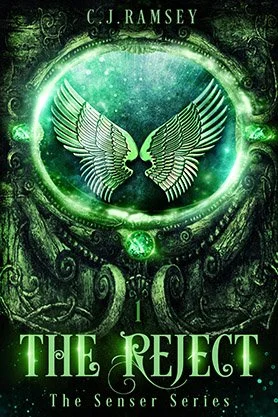 Paranormal fantasy book cover for “The Reject” by C. J. Ramsey, featuring glowing angel wings inside a green mystical eye surrounded by ornate magical textures.