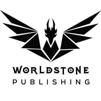 Modern publishing logo for Worldstone Publishing with a geometric winged dragon emblem, designed for fantasy books, independent publishing, and literary brands.