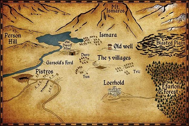 Hand-drawn fantasy regional map featuring Ismara, Loerhold, The Three Villages, Blasted Plain, Efarlo Forest, mountain ranges, roads, rivers, and settlements on an aged parchment background.