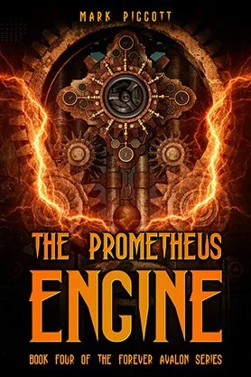Steampunk science fiction book cover for “The Prometheus Engine” by Mark Piccott, featuring a complex mechanical device surrounded by gears and fiery orange energy.
