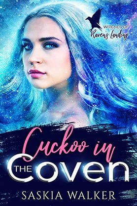 Fantasy book cover for “Cuckoo in the Coven” by Saskia Walker, featuring a woman with flowing pale blue hair against a glowing blue magical background.