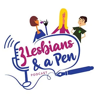 Colorful illustrated logo for 3 Lesbians & a Pen Podcast featuring playful characters, a microphone, and a pen, perfect for podcast and LGBTQ+ branding.