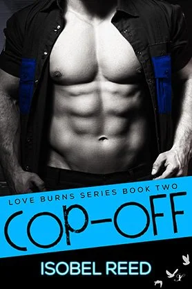 Contemporary romance book cover for “Cop-Off” by Isobel Reed, featuring the torso of a uniformed man with blue shirt accents in a black-and-white design.