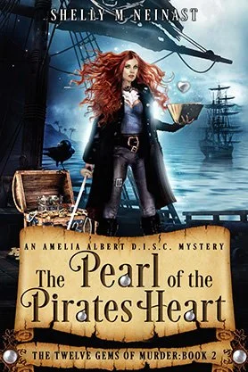 Fantasy mystery book cover for “The Pearl of the Pirates Heart” by Shelly M. Neinast, featuring a red-haired woman aboard a pirate ship with treasure and sailing ships in the background.