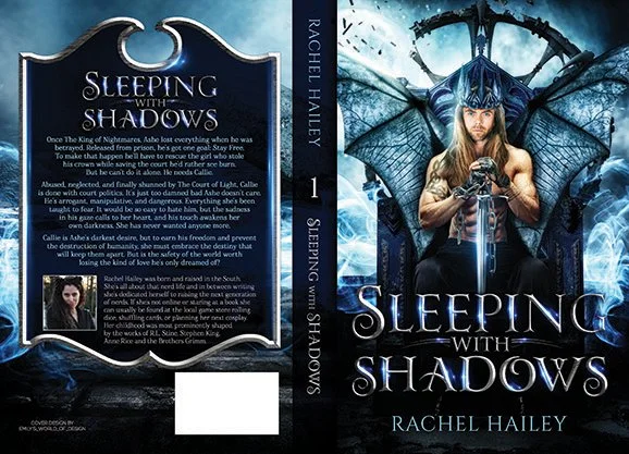 Full paperback wrap for Sleeping with Shadows by Rachel Hailey, designed in icy blue fantasy tones with a winged armored man seated on the front, dramatic mystical effects, and a back cover with blurb text and author portrait.