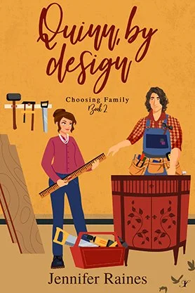 Contemporary romance book cover for “Quinn, by Design” by Jennifer Raines, featuring illustrated characters in a woodworking workshop with tools and furniture.