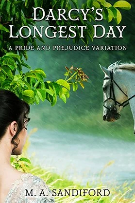 Historical romance book cover for “Darcy’s Longest Day” by M. A. Sandiford, featuring a Regency-era woman looking toward a white horse in a misty green landscape.