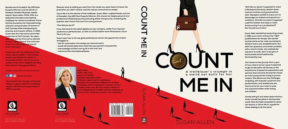 Dust jacket design for Count Me In by Susan Allen, with a clean modern layout, bold black and red graphics, and minimalist business-themed visuals across the wrap.