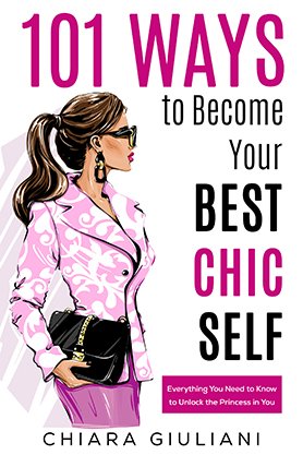Fashion guide book cover for “Flattering Fashion” by Chiara Giuliani, featuring tall magenta typography and a decorative dress illustration on a light patterned background.