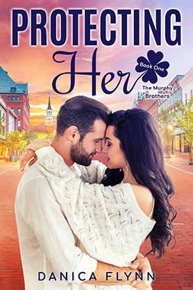 Contemporary romance book cover for “Protecting Her” by Danica Flynn, featuring an embracing couple in a sunlit small-town street scene.