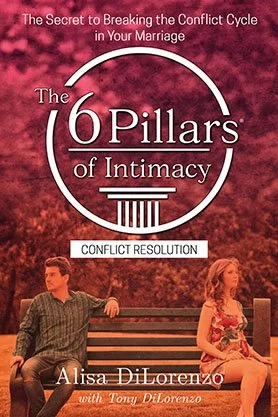 Relationship advice book cover for “The 6 Pillars of Intimacy: Conflict Resolution” by Alisa DiLorenzo with Tony DiLorenzo, featuring a couple sitting apart on a park bench beneath a red-toned background.
