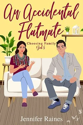 Contemporary romance book cover for “An Accidental Flatmate” by Jennifer Raines, featuring an illustrated man and woman sitting together in a cozy living room.