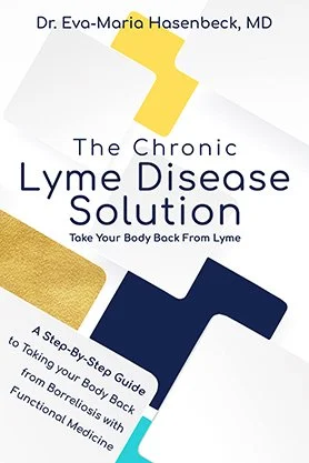 Health and wellness book cover for “The Chronic Lyme Disease Solution” by Dr. Eva-Maria Hasenbeck, MD, featuring a clean geometric design with overlapping white, gold, and navy shapes.