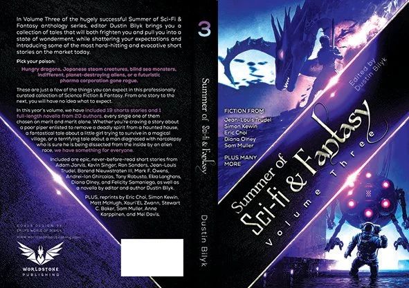 Full paperback wrap for Summer of Sci-Fi & Fantasy, Volume Three edited by Dustin Bilyk, featuring a diagonal split layout in vivid purple and blue, with sci-fi and fantasy imagery including a dragon and astronaut, and a text-heavy anthology back cov