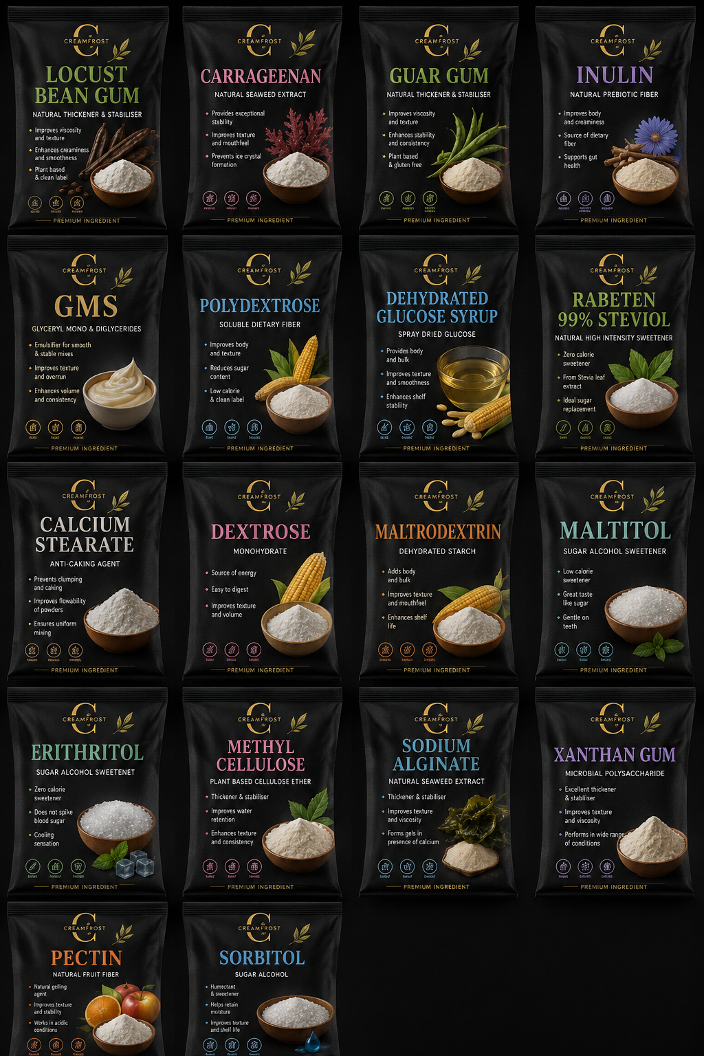 Collection of 20 black packages of dietary and nutritional ingredients with colorful labels and images of the ingredients they contain, including seaweed extract, guar gum, inulin, glycerol monostearate, soluble dietary fiber, dextrose, dehydrated glucose syrup, high intensity sweetener, calcium stearate, dehydrated starch, sugar alcohol sweetener, sugar alcohol, plant-based cellulose ether, natural seaweed extract, microbial polysaccharide, natural fruit fiber, sugar alcohol, and more.