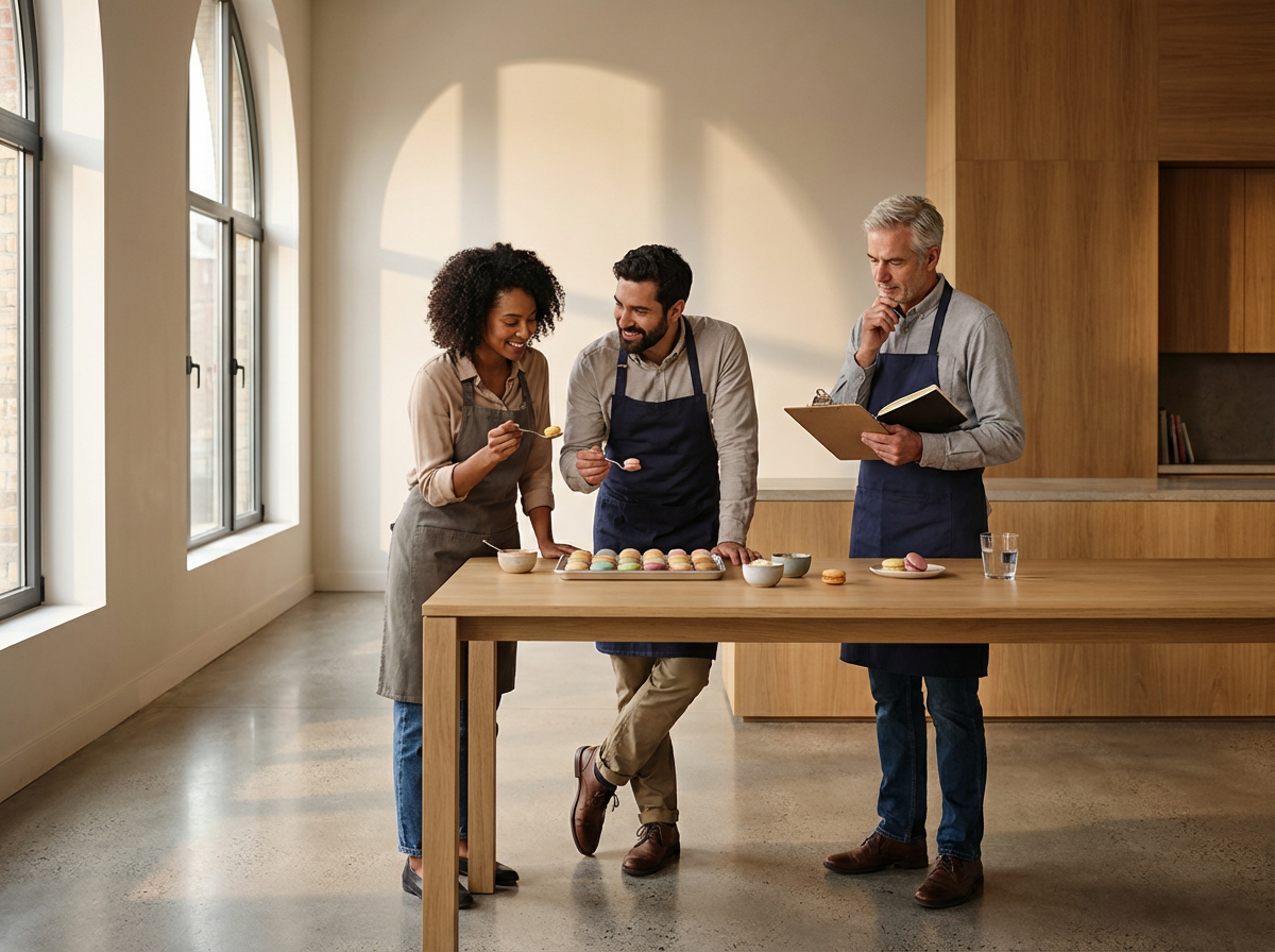 Three people baking cookies in a bright kitchen; one woman tasting a cookie, one man holding a spoon, and another man taking notes.