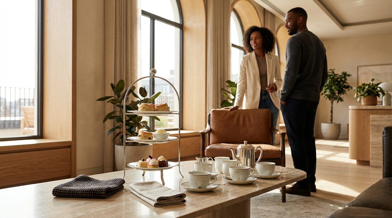 Two people have a conversation in a bright, spacious living room with large arched windows, a tea set, and a three-tiered dessert stand on a coffee table.