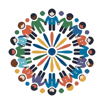 A diverse group of people holding hands in a circle around a central globe