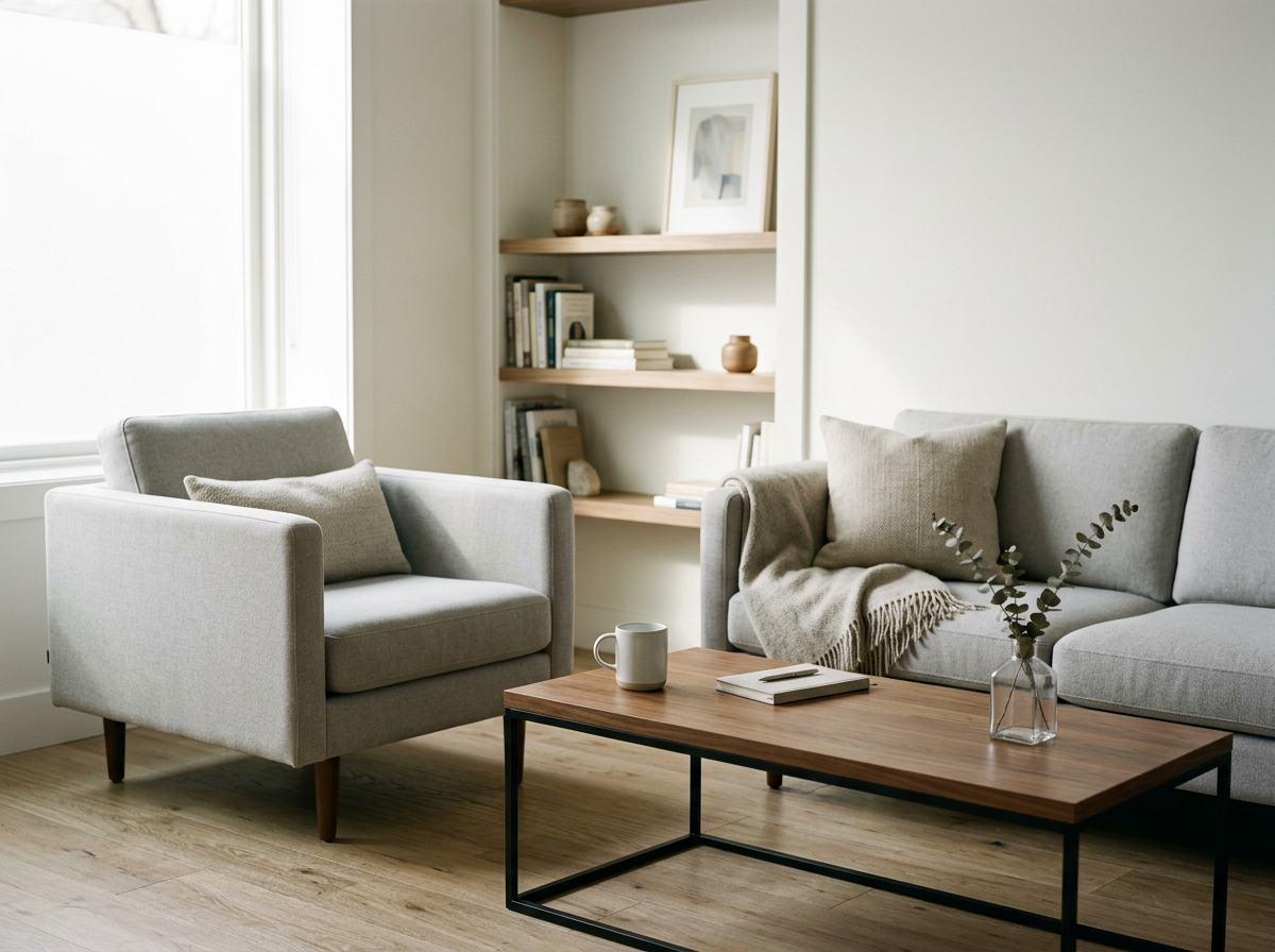 A cozy living room with a gray armchair, a gray sofa with pillows, a wooden coffee table with a mug, a book, and a small vase with eucalyptus, and built-in wall shelves with books and decor, illuminated by natural light from a window.