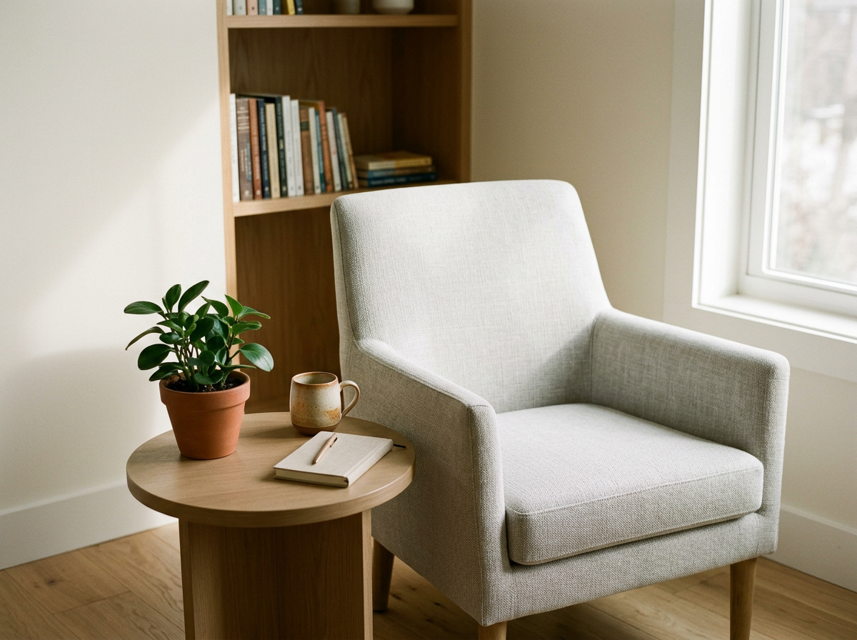A cozy reading nook with a light beige armchair, a round wooden side table holding a potted green plant, a closed notebook, and a coffee mug, positioned near a window with natural light, with a wooden bookshelf filled with books in the background.
