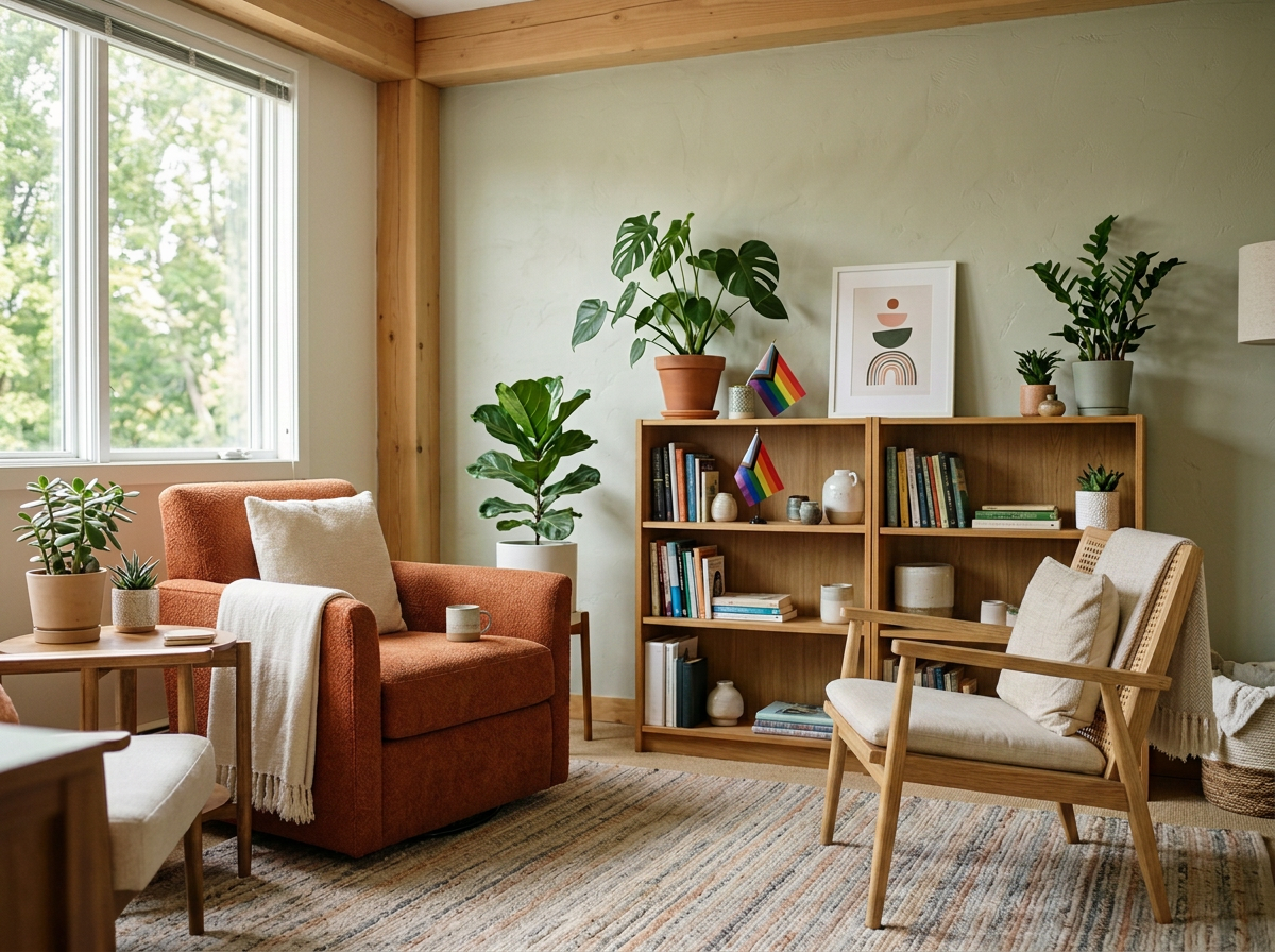 A cozy living room with a large window, orange armchair, beige upholstered chair, wooden bookshelf, and various potted plants, framed artwork, and books.