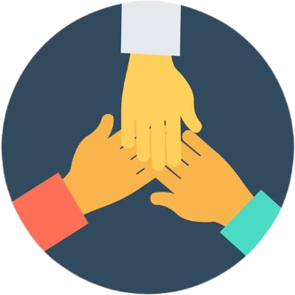 Illustration of three hands stacked, representing teamwork or support, with a white square above.
