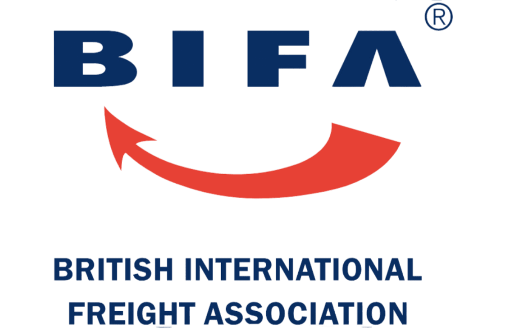 Logo of the British International Freight Association with blue letters, a red curved arrow, and text below reading "British International Freight Association."