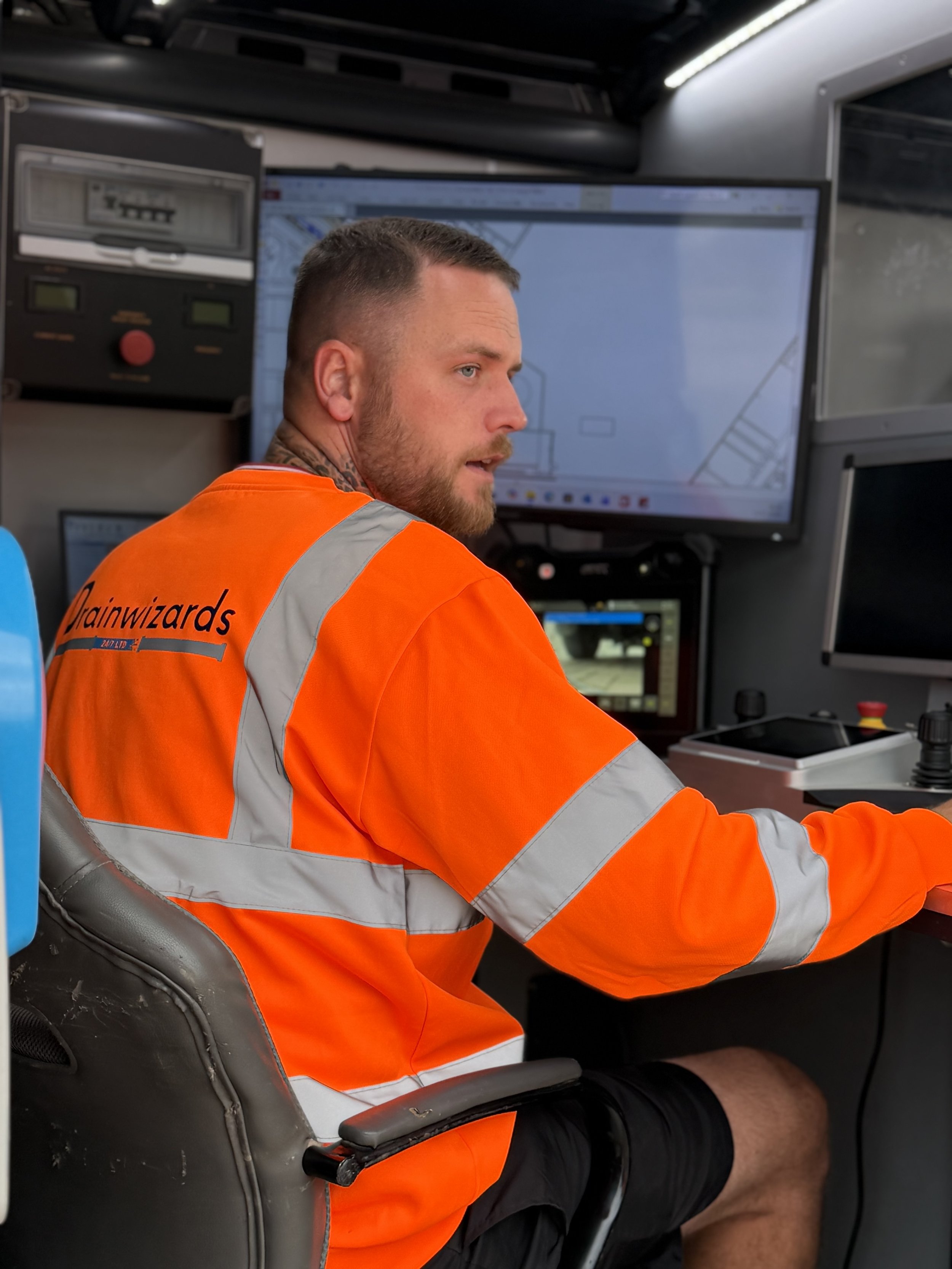 A man in an orange safety vest sitting at a control station with monitors and computers, inside a workspace or vehicle.